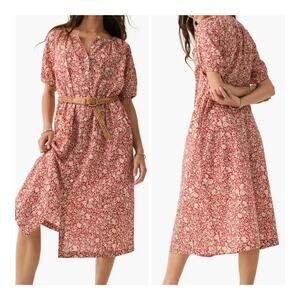 Faherty Carmel Floral Print Organic Cotton Midi Belted Flowy Shirtdress - Medium